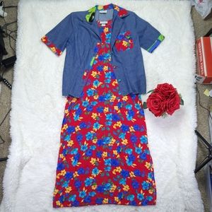 Vintage Made in USA Cowtown Creations Jean Jacket with Red Floral Dress Size S